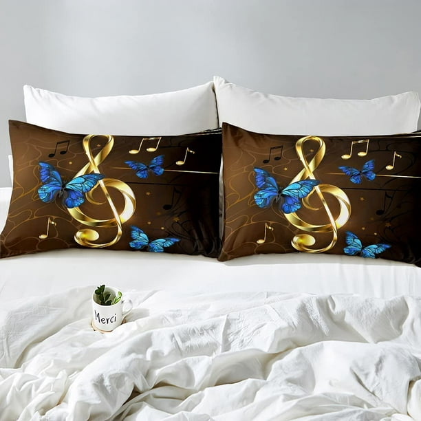 HHHC Golden Music Note Ensembles de literie Queen Size Blue Butterfly  Parure de lit pour filles adultes femmes Draps de lit en marbre noir Drap- housse de luxe romantique + drap plat +