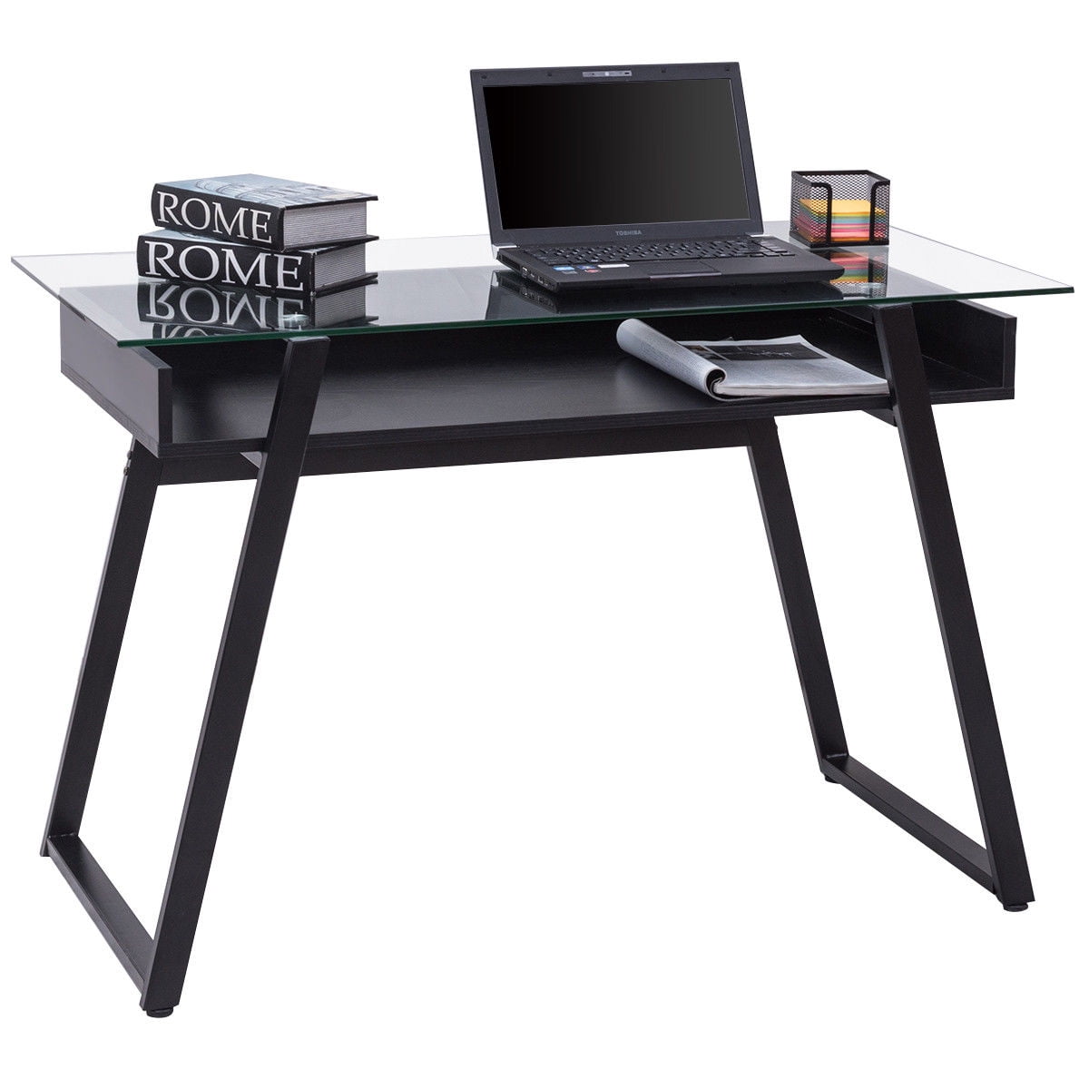 Gymax Glass Top Computer Desk Pc Laptop Table Writing Study Workstation Home Office