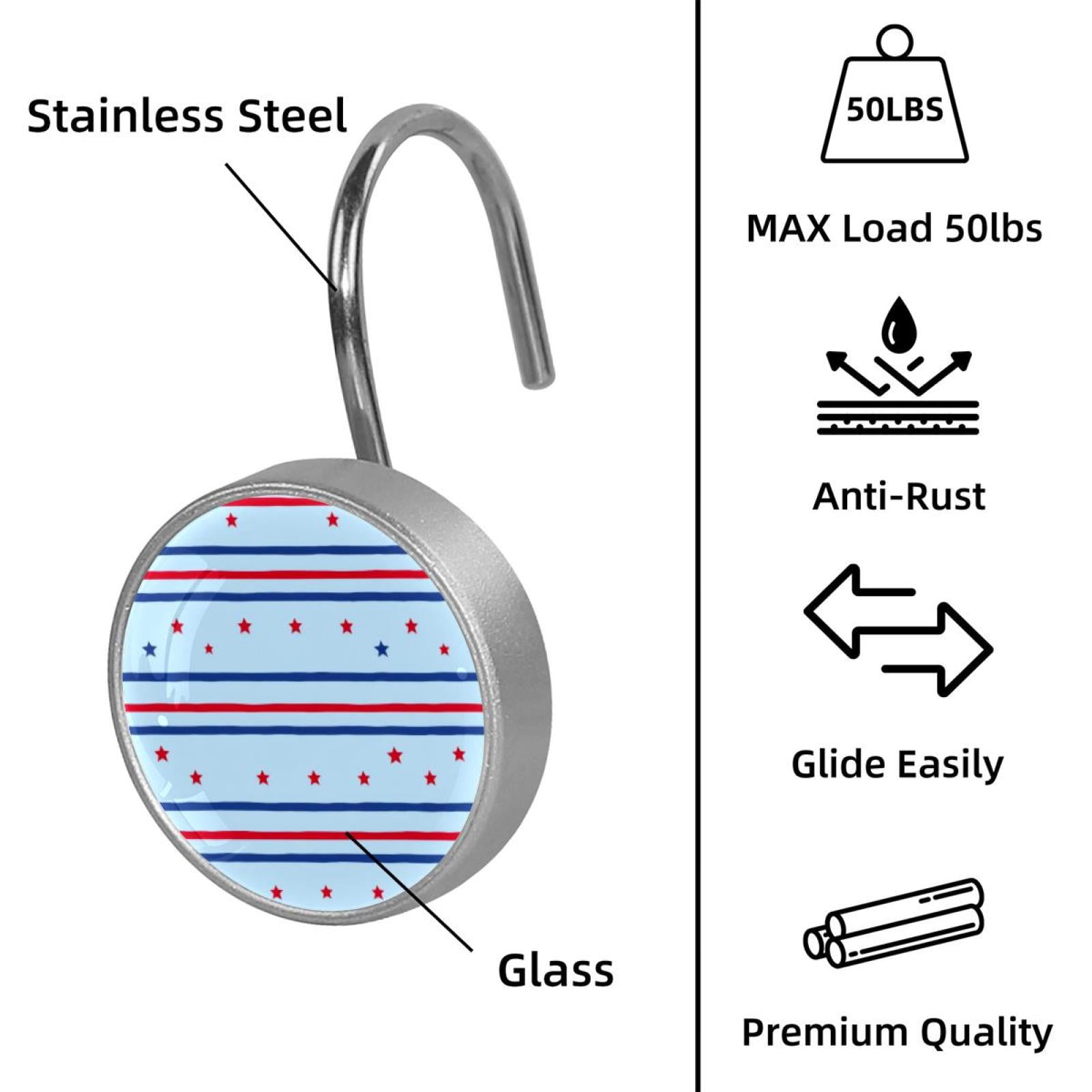 12pcs Decorative Shower Curtain Hooks, Rust Resistant Shower Rings for Bathroom Living Room,Rustproof Stainless Steel Rings for Shower Curtain and Liner Rods,4th of July Stars Line