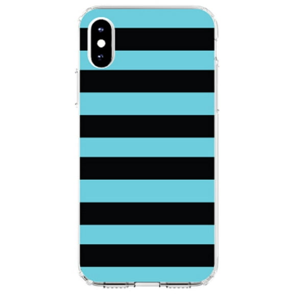 DistinctInk Clear Shockproof Hybrid Case for iPhone XS Max (6.5" Screen) - TPU Bumper, Acrylic Back, Tempered Glass Screen Protector - Black & Cyan Bold Horizontal Stripes