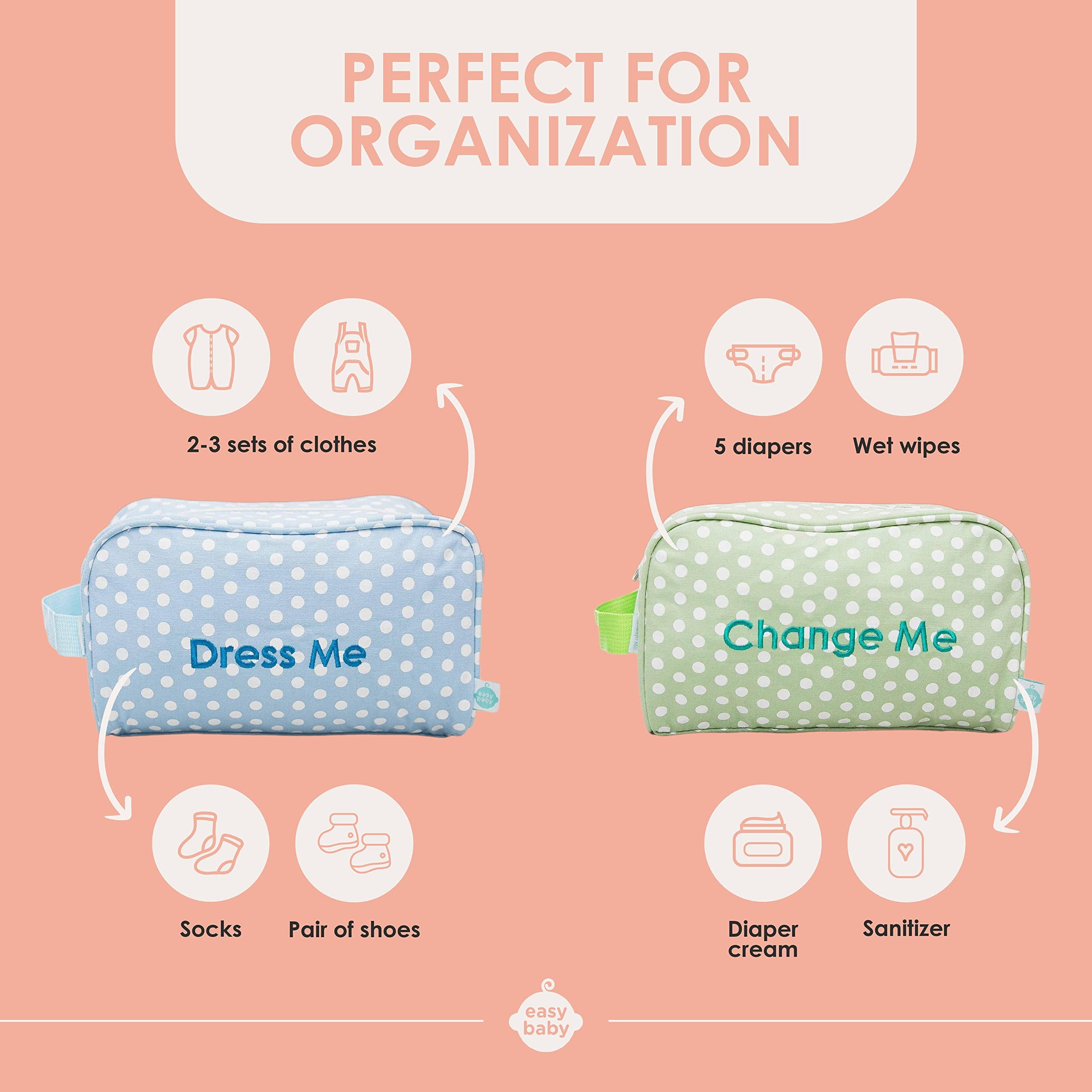 Easy Baby - Diaper, Bottle, and Supplies - Organizer Pouches - Change, Feed, and Dress Me 4 Pack Laguna  Organizing Packing Tote Cubes for Baby Items  Good for Travel and Keeping Organized