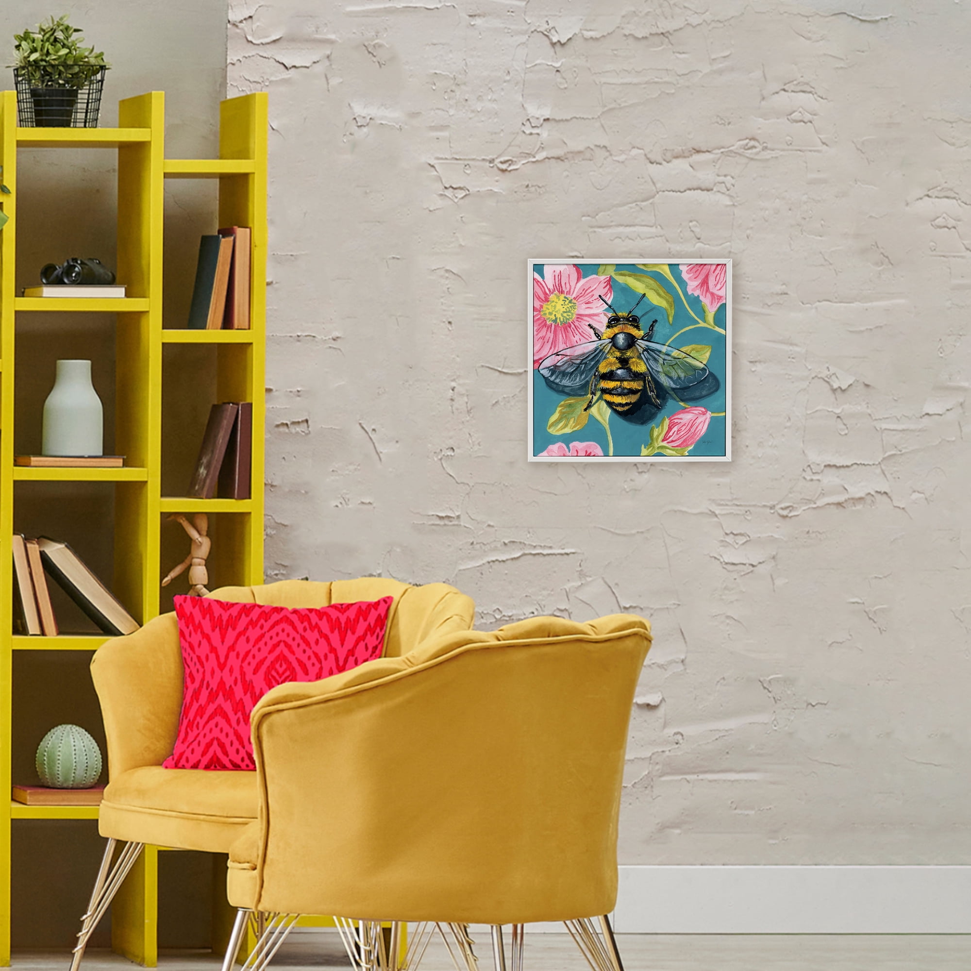Stupell Industries Fuzzy Bee On Floral Pattern White Framed Giclee Art, design by Kate Jarvik Birch