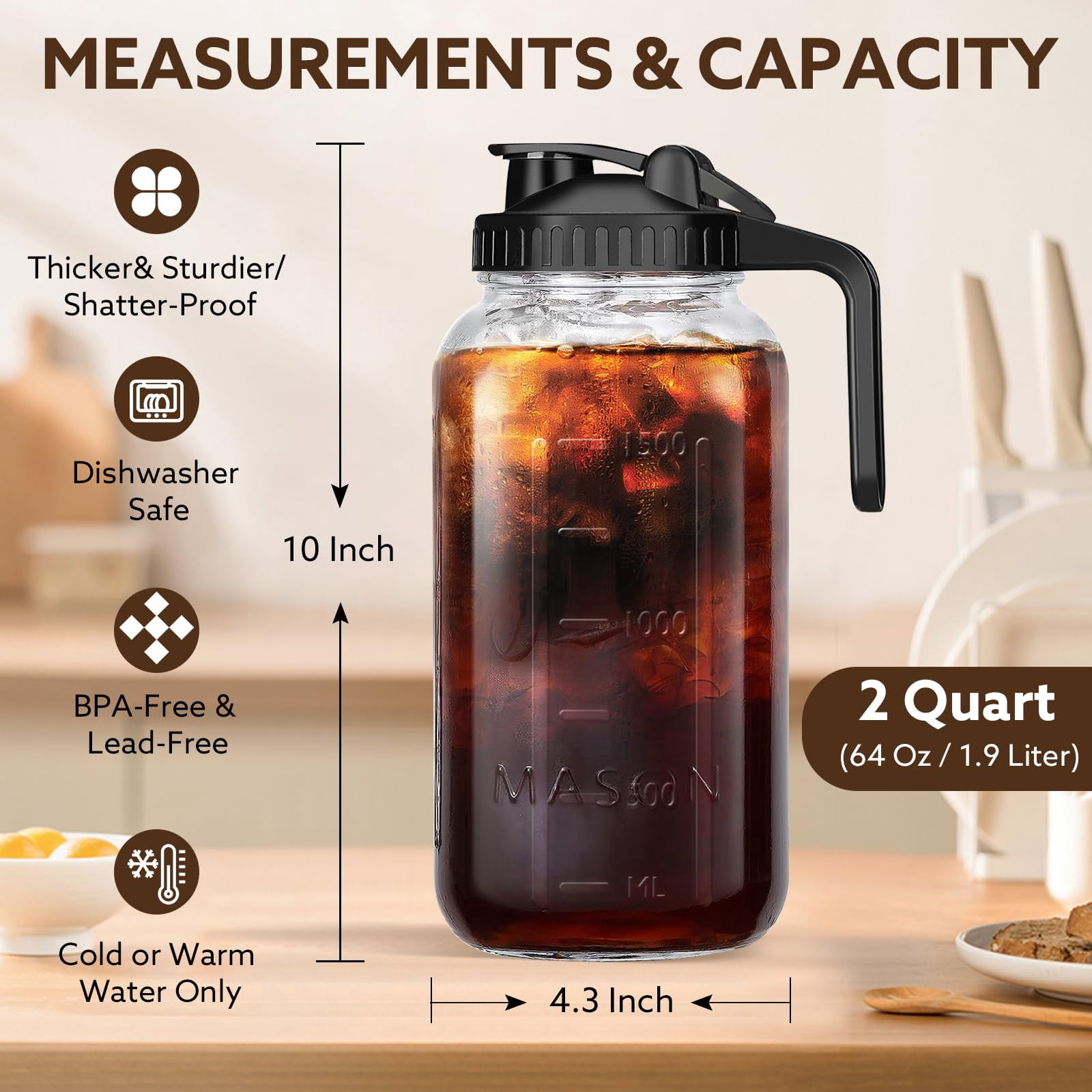 Glass Pitcher With Lid  64 Oz Mason Jar Double Leak Proof 2 Quart Breast Milk Storage Containers For Fridge Wide Mouth Sun Tea Juice Cold Brew Coffee