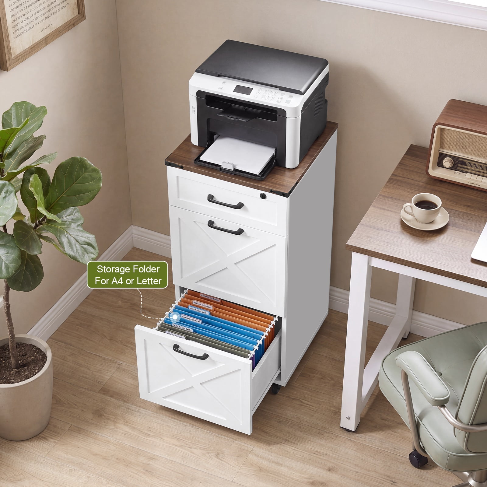 Hommoo Rustic Farmhouse 3-Drawer Rolling File Cabinet with Locking Top Drawer, Compact Mobile Printer Stand & A4/Letter File Organizer for Home Office, White