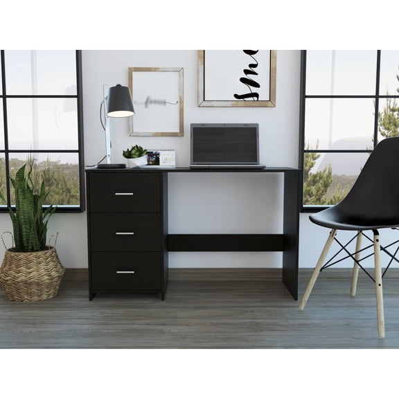 3 Drawers Black Computer Desk With One Drawer Two Shelves In Cup Rack, External Shelves, Superior Top Shelf And