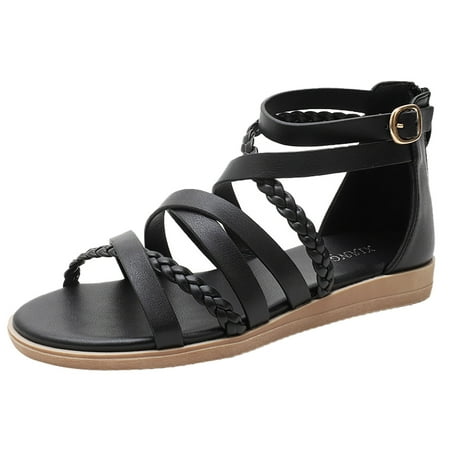 

PMUYBHF Womens Sandals Dressy Women s Large Size Summer Woven Roman Bohemian Back Zipper Sandals