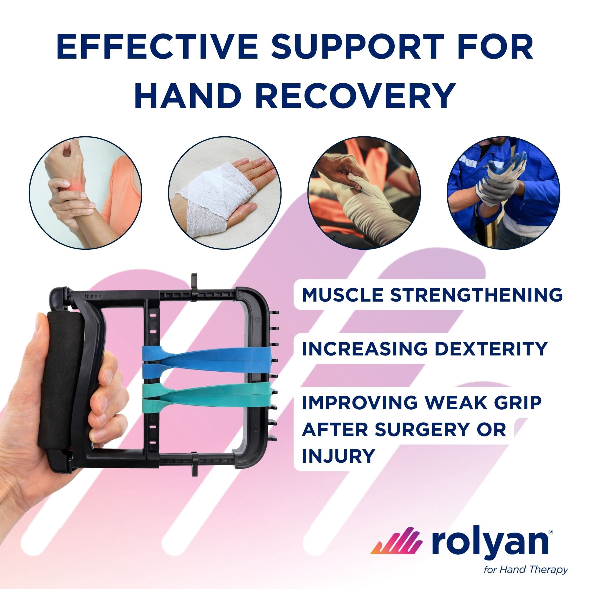 Rolyan Ergonomic Hand Exerciser with Padded Handle, Adjustable Grip Strength Trainer with 4 Color‑Coded Rubber Bands, Finger & Hand Exerciser for Therapy, Rehab, Strength Training, Black