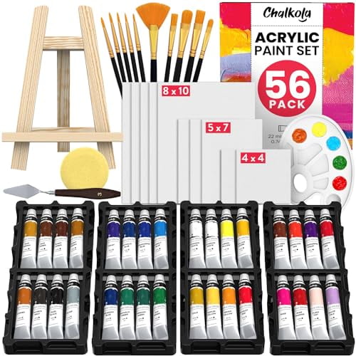 Chalkola Acrylic Paint Set for Adults & Kids - 56 Pcs Canvas Painting Kit with 32 Paints (22ml), 10 Brushes, 10 Canvases, Tabletop Easel, Palette, Knife - Professional Craft & Art