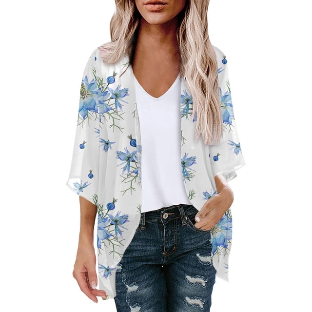 Hauts d'Été pour Femmes Tendance Cardigan à Manches Bouffantes Imprimé Floral d'Été Blouse Décontractée Ample Hauts Tendance d'Été Manches Bouffantes pour Femmes