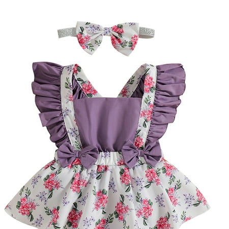

Kiapeise Newborn Infant Baby Girl Ruffle Short Sleeve Ribbed T-Shirt Top Floral Suspender Shorts Headband 2PCs Bodysuit Outfits