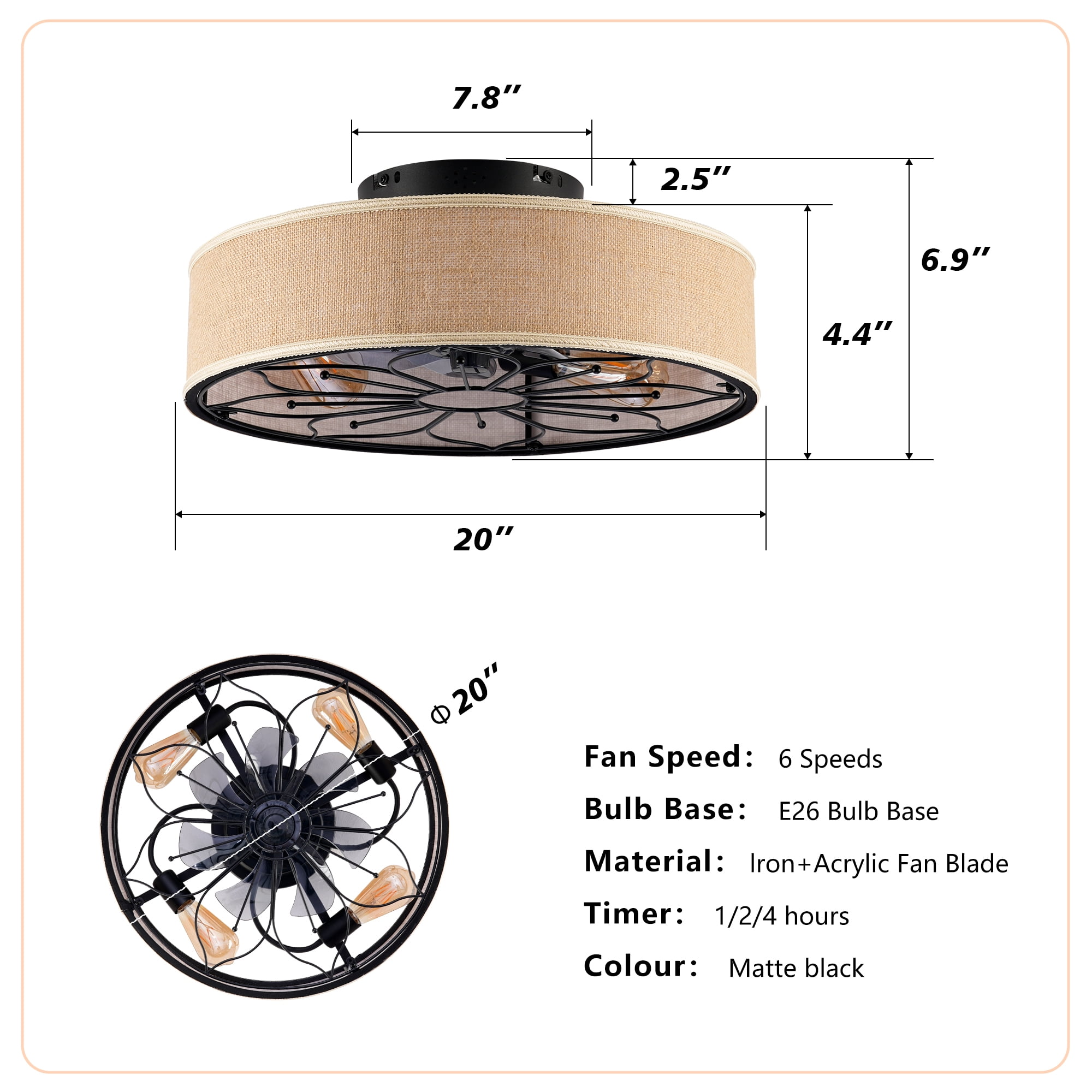 Leumius 20" Fabric Farmhouse Ceiling Fan with Light and Remote Control,Low Profile Modern Enclosed Ceiling Fans with Reversible Motor for Living Room,Bedroom,Kitchen Brown (NOT Included Bulbs)