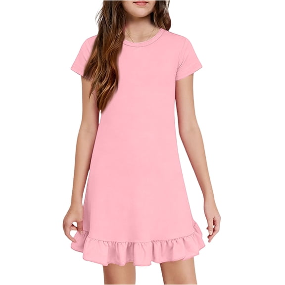 OIOLOYJM Girls Dress Ruffled Flutter Sleeve Crew Neck Cute Printing Casual A-Line Dresses Summer Vacation Going Out Dresses Pink 7-8 Year