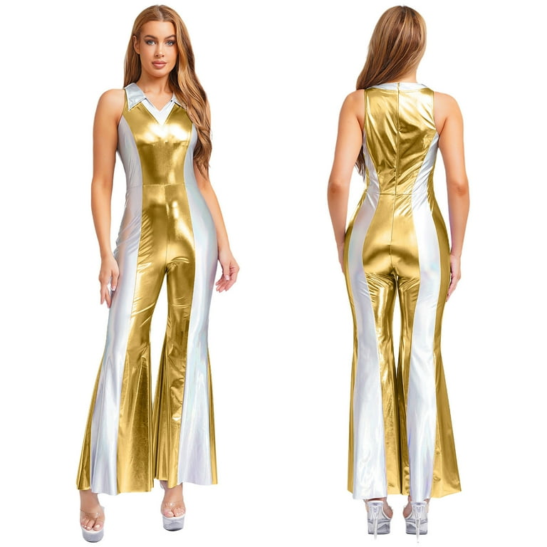 YiZYiF Womens 70s 80s Disco Costume Shiny Metallic Flared