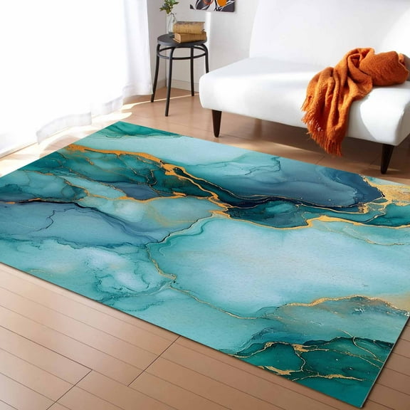 Area Rugs Indoor Non-Slip Rectangle Rug 5x7 Ft Marble Abstract Art Teal Green Gradient Cave Rock Golden Lines Rug Rubber Backing Floor Mats Non Shedding Home Decor Carpet for Entryway Living Room