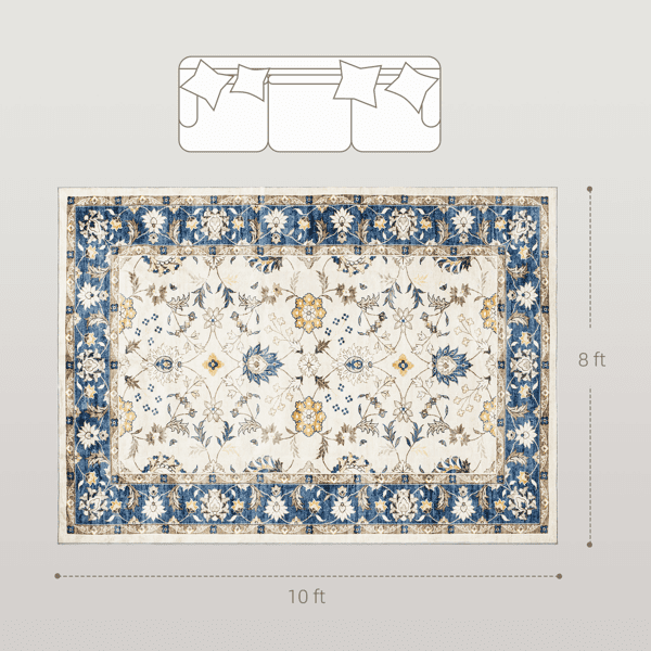Blue Bohemian Floral Vine Area Rug 120"x96" Flannel Soft Non-Slip TPR Backing Machine Washable Rug for Living Room Bedroom