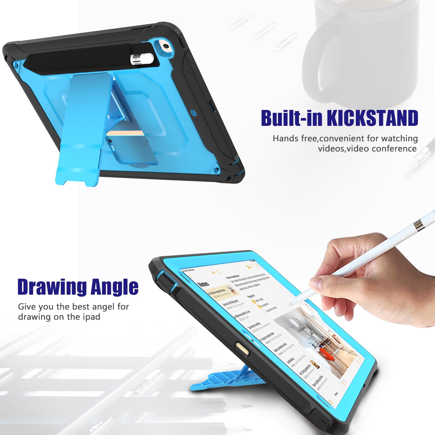 Allytech iPad Mini 5 Case, iPad Mini 4 Case, Dual Layers Full Protection Shockproof Pencil Holder Kids Friendly Shoulder Strap Kickstand Defender Case Cover for Apple iPad mini 5 / mini 4, Blue
