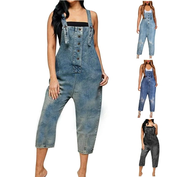 Fengqque Women Long Jumpsuit Casual Wide Leg Adjustable Button Romper Pants Denim Jumpsuit Suspender Pants Light Blue 10(XL)