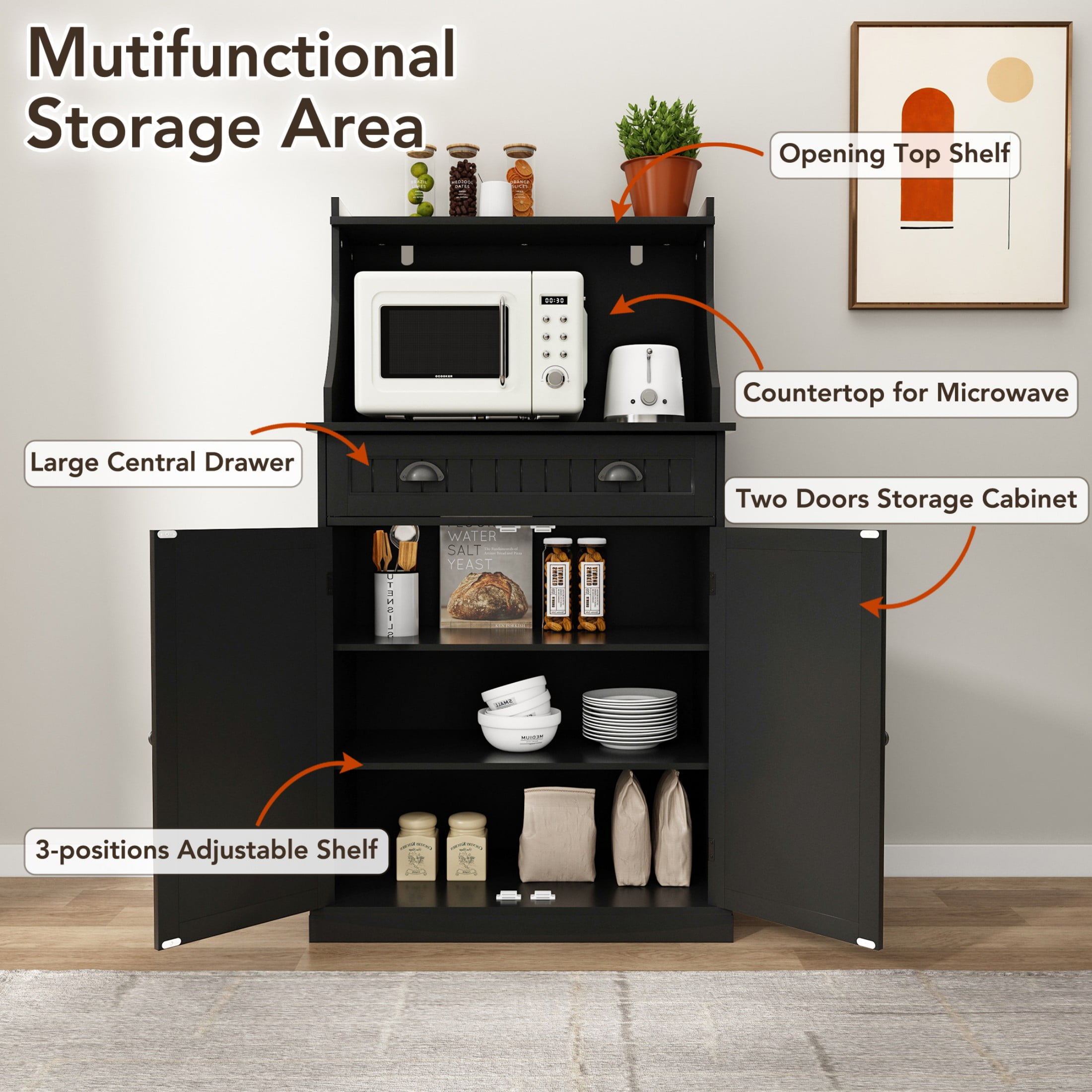 HLR 54" Kitchen Pantry Cabinet with Door & Shelves, Sideboard Buffet Cabinet with Microwave Stand for Dining Room, Black