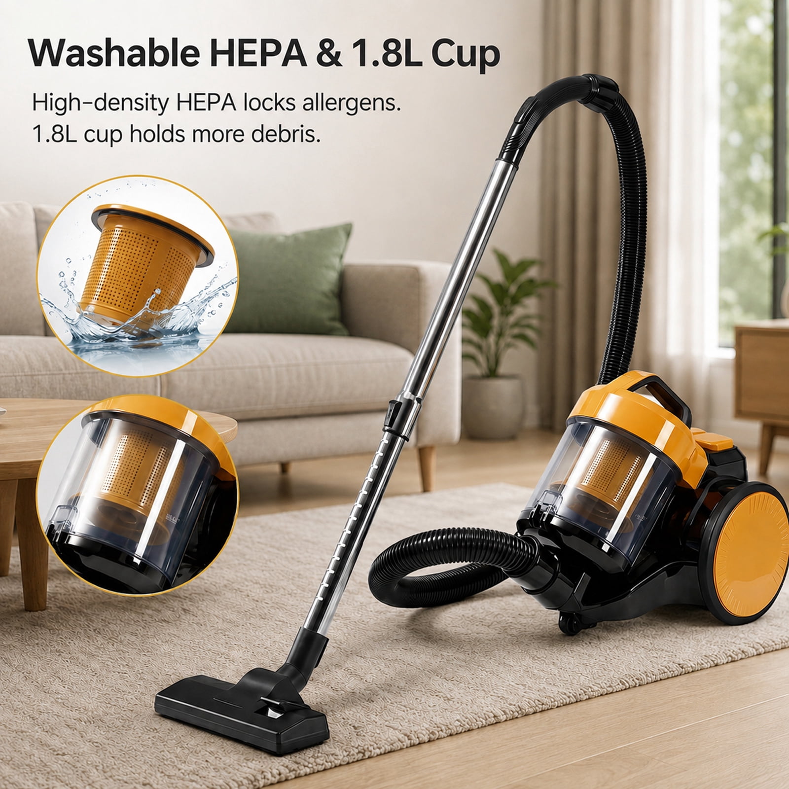 Alvantor Household Portable Vacuum Cleaner, 16Kpa Bagless Canister Cleaner, Lightweight Powerful Vacuum for Carpets and Hard Floors, 1.8L, with Washable HEPA Filter, Auto-Rewind