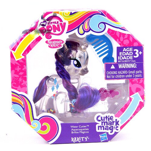 hasbro-figuras de acción de my little pony de cristal brillante para niños empaque octogonal con figura Rarity transparente, melena morada rizada, símbolo Cutie Mark visible, incluye peine azul y base, caja con logotipos My Little Pony y aviso de edad 3+.