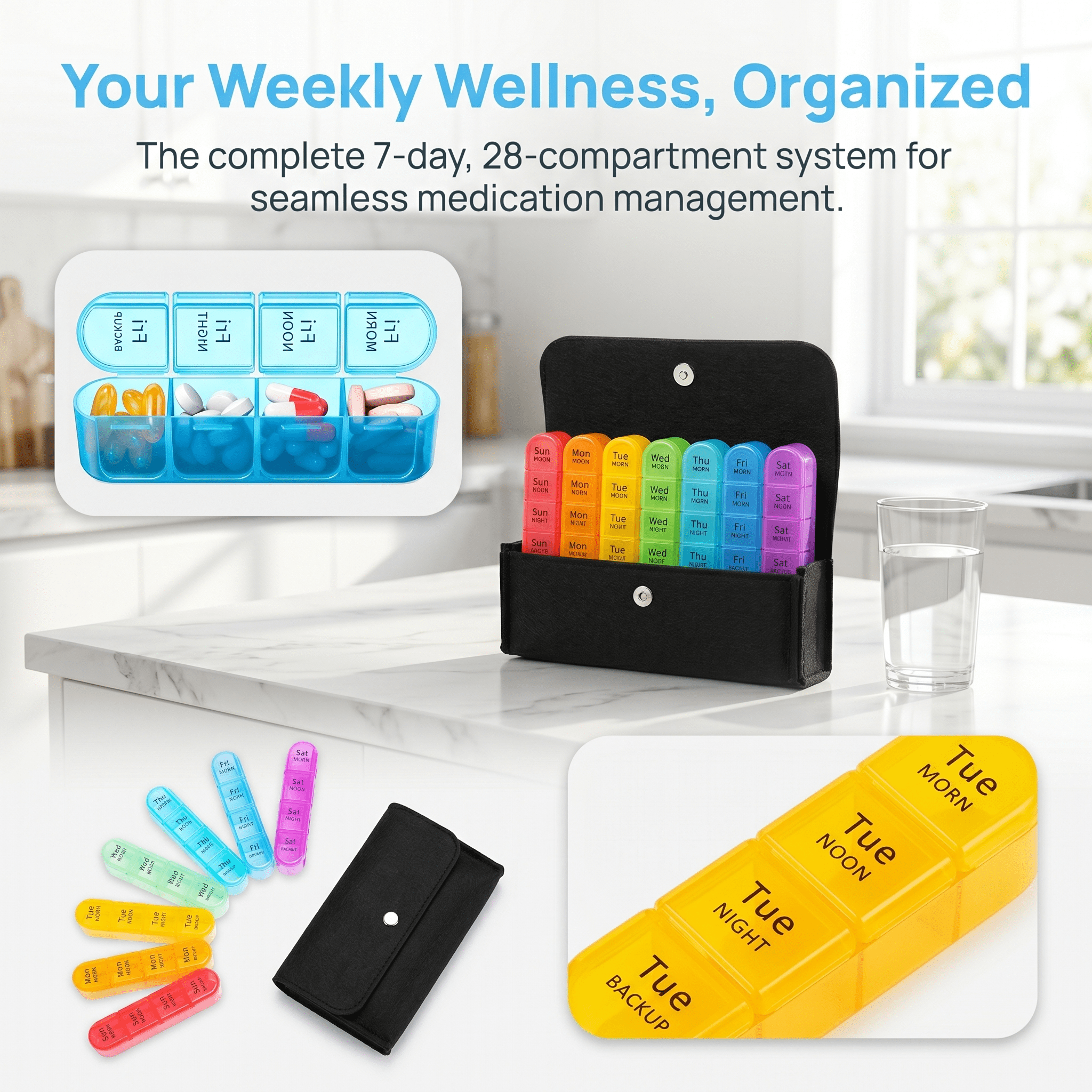 Felt Pouch Pill Organizer 7 Day, 4-Times-a-Day Pill Case, Compact Vitamin Box with Snap Closure for Everyday Carry