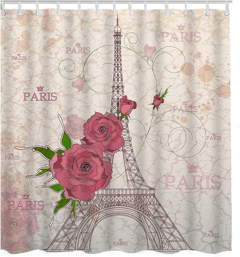 SPXUBZ Eiffel Tower Shower Curtain Vintage Paris Rose Flower Waterproof