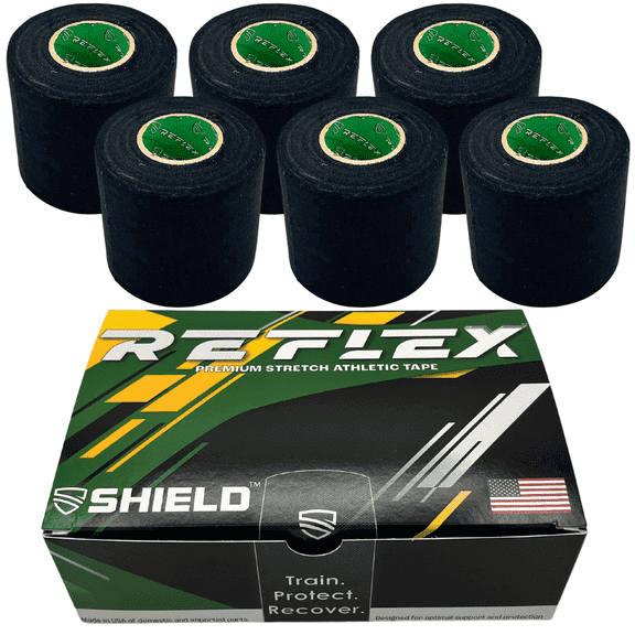 Shield Reflex | Stretch Athletic Tape, Tear by Hand, Made in USA, Thin, Flexible, Elastic Sports, Spatting Football, 6 Pack (Raven Black, 2 Inch)