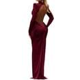 thumbnail image 2 of Women'S Elegant Slim-Fit Long Dress with High Neck, Long Sleeves & Pleated Backless Detail Wine Red L, 2 of 9
