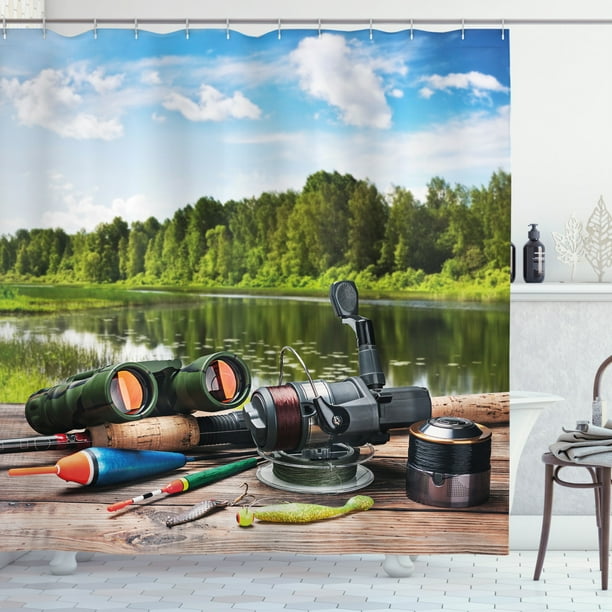 Hunting Decor Shower Curtain, Fishing Tackle on a Pontoon Lake in the
