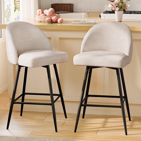 CDCASA Swivel Counter Height Bar Stools Set of 2, 27" Seat Height Modern Barstools with Back and Metal Legs, Chenille Upholstered Kitchen Island Chairs, Beige