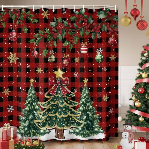 Christmas Tree Shower Curtain, Winter Xmas Ball Snowy Red Black Plaid Waterproof Fabric Shower Curtains with 12 Hooks, Bathroom Curtain Set for Bathroom Accessories Decor, 72 x 84 Inches