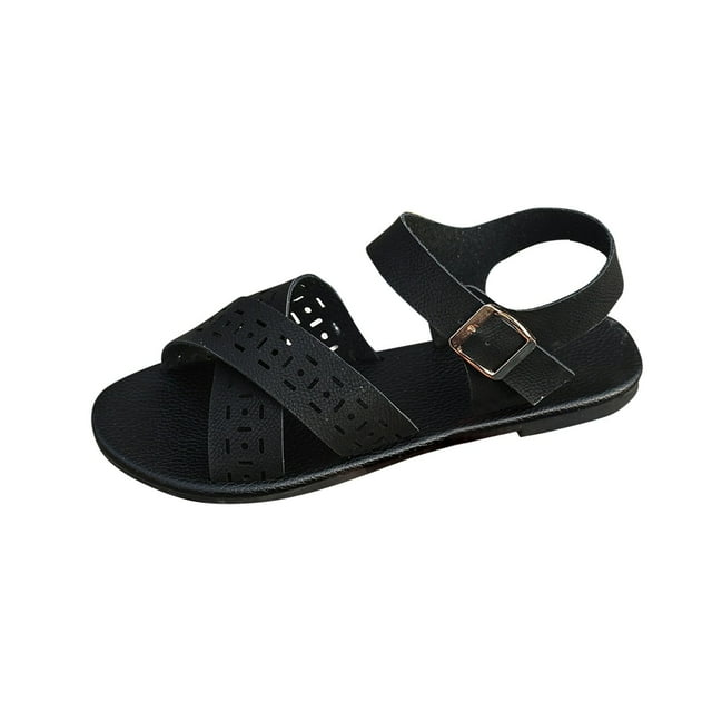 CHGBMOK Women Sandals Spring and Summer Solid Color New Style Outer Wear Hollow Flat Strap Sandals Sizes 36-43