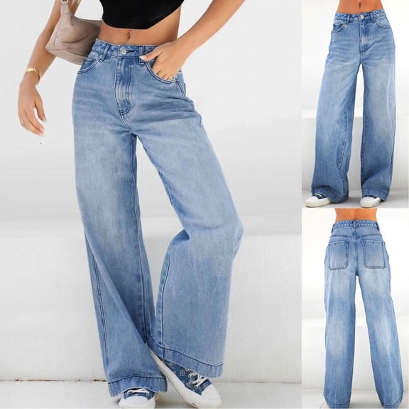 BXINGOHAI Women High Waisted Cargo Jean for Women with Pockets Straight Wide Leg Jean Casual Baggy Pants Dark Blue 2XL