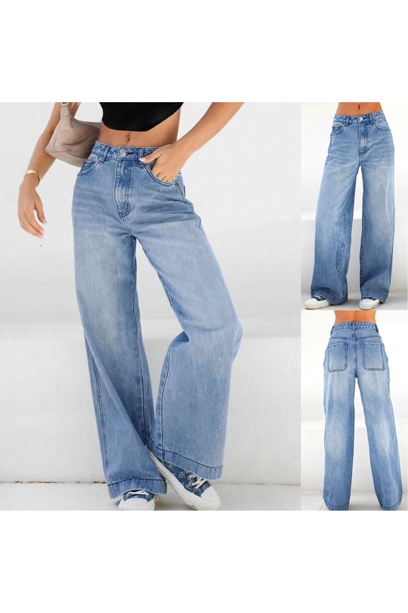 Women High Waisted Cargo Jean for Women with Pockets Straight Wide Leg Jean Casual Baggy Pants Dark Blue 2XL