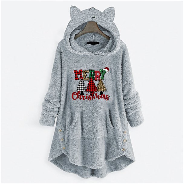 Puntoco Mujer Casual Navidad Impresión Botones De Felpa Manga Larga Con Capucha Abrigo De Felpa Top Rollbacks Puntoco Puntoco-4263
