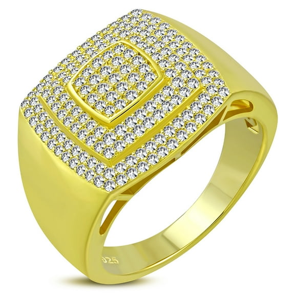 925 Sterling Silver Men's Yellow Gold-tone Micro Pave White CZ Stone Square Layered Signet Style Ring