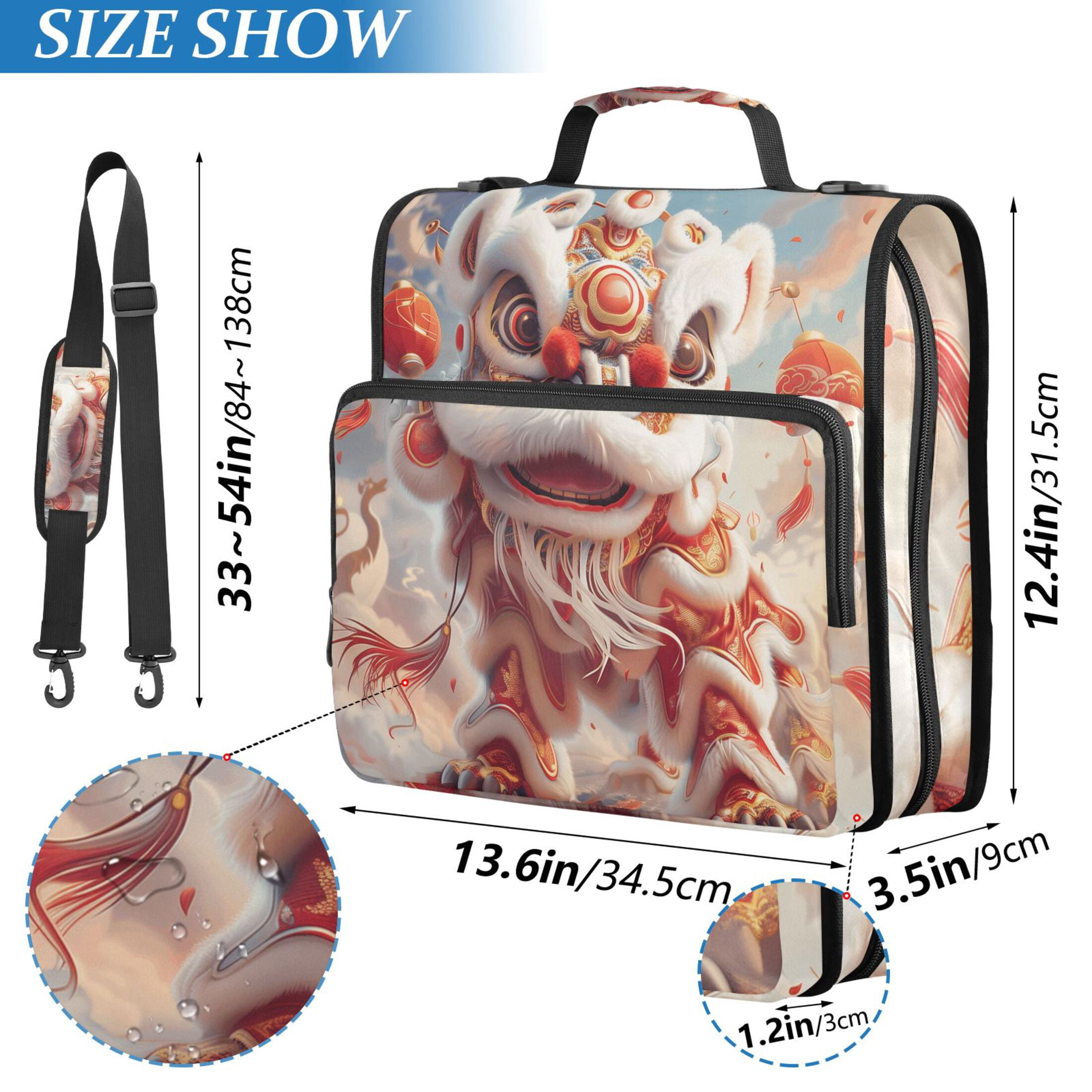 3 Ring Zipper Binder with Shoulder Strap Waterproof Trapper Keeper 2 Inch D-Ring 500 Sheets Capacity Chinese Lion Dance