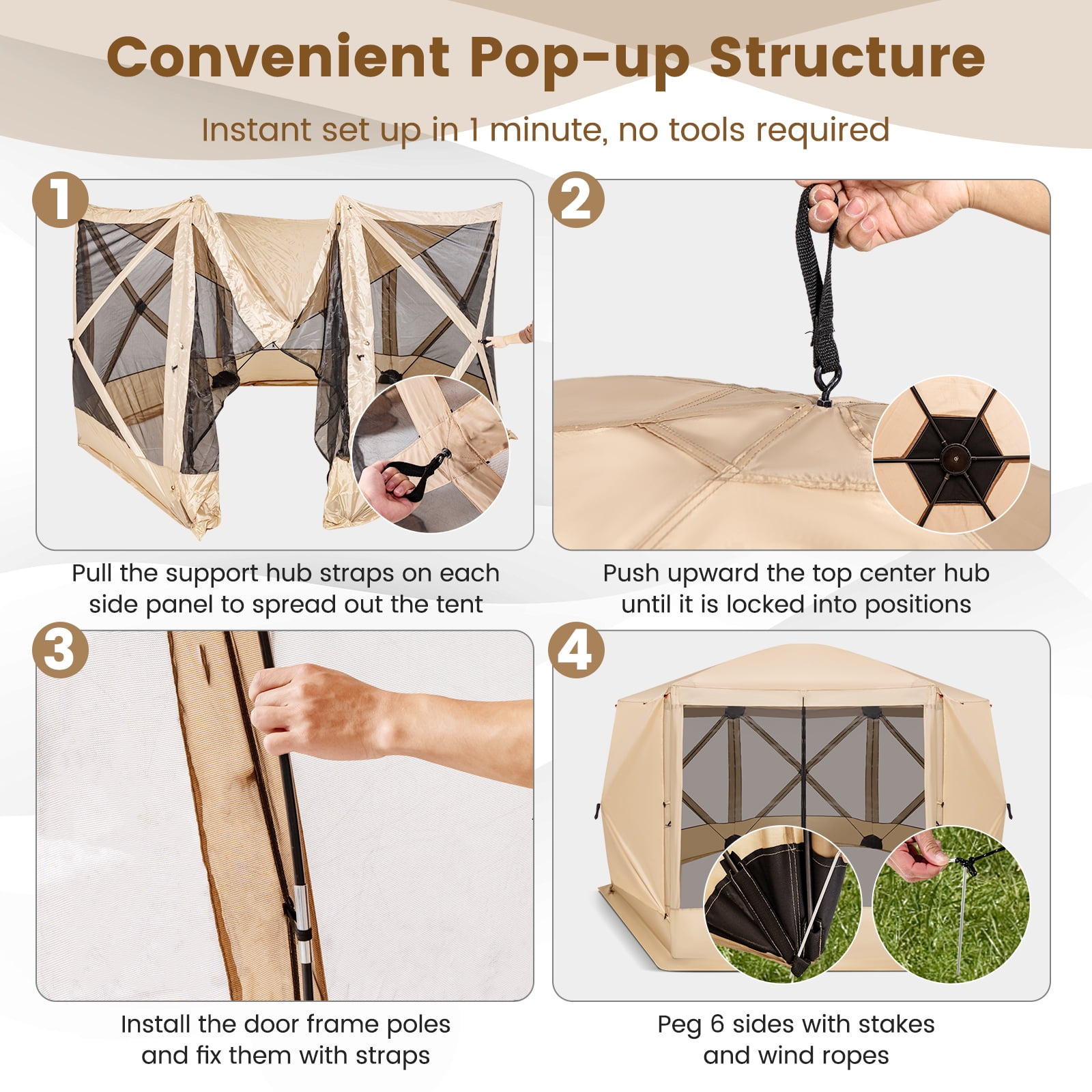 Costway 11.5 X 11.5 FT 6-Sided Pop-up Screen House Tent With 2 Wind Panels for Camping Coffee