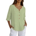 thumbnail image 3 of Women's Cotton Linen Tops Casual 3/4 Sleeve Button Down V Neck Blouses Lightweight Breathable Loose Fit Summer Vacation Shirts for Women Mint Green L, 3 of 9
