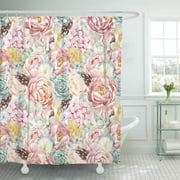 SUTTOM Gentle Watercolor Floral Pattern Peony Flowers Succulents Hydrangea and Feathers Shower Curtain 66x72 inch