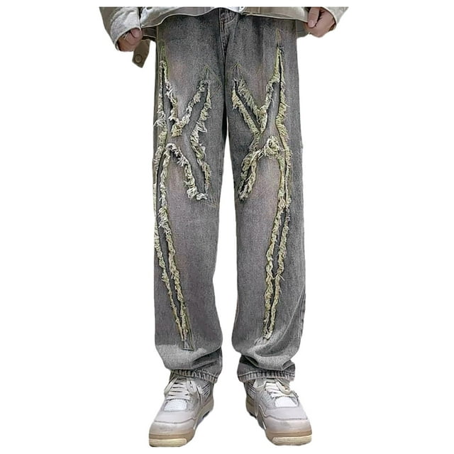 TINZ Male Straight Leg High Waisted Spring Autumn Brushed Distress Versatile Hop Jeans Big And Tall Shrink