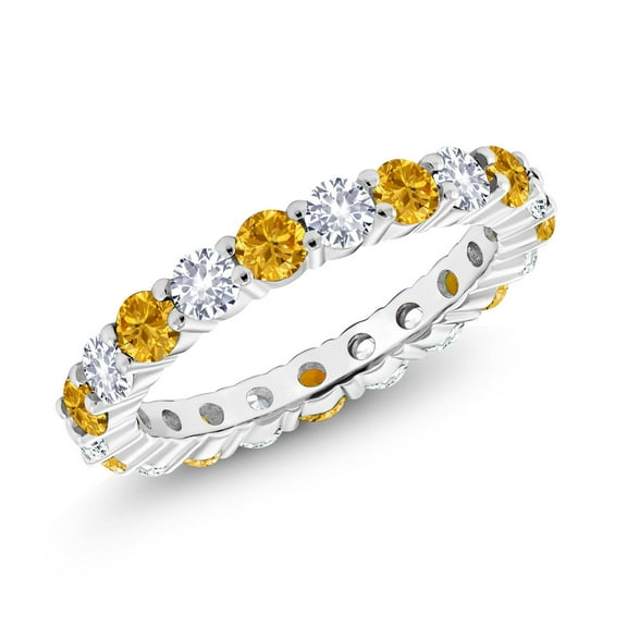 Gem Stone King 1.34 Cttw Round Yellow Sapphire and White Created Sapphire 925 Sterling Silver Eternity Band Ring | Gemstone Birthstone (Size 5)