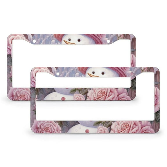 2 Pack Snowman With Pink Roses Scarf And Hat License Plate Frames Xmas Rustic Winter Holiday Personalized License Plate Frame Stainless Aluminum 2 Holes for US Standard Vehicles for Women Men