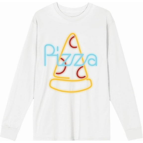 Neon Pepperoni Pizza Sign White Adult Crew Neck Long Sleeve Tee-Medium