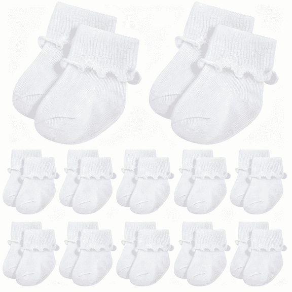 OQRKI 12 Pairs Preemie Ankle Socks Ruffle Turn Cuff Cotton Non-Slip Warm Socks for Newborn Baby Girls and Boys