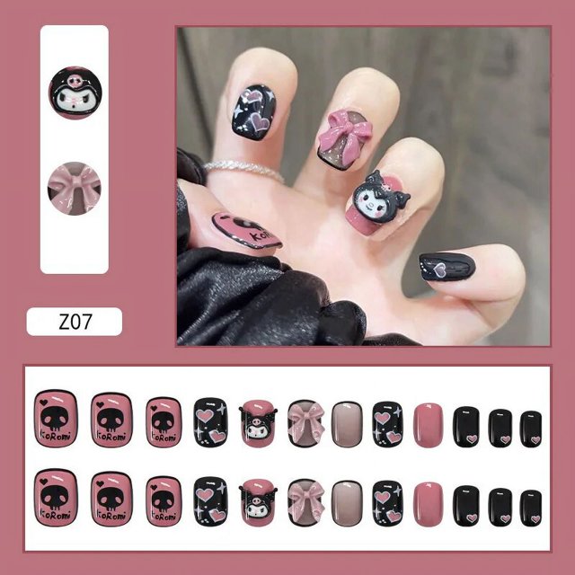 Uñas postizas Kawaii Sanrio Kuromi, belleza de Anime, moda, arte de uñas desmontable, puntas de uñas postizas portátiles con pegamento, 24 unids/lote por caja