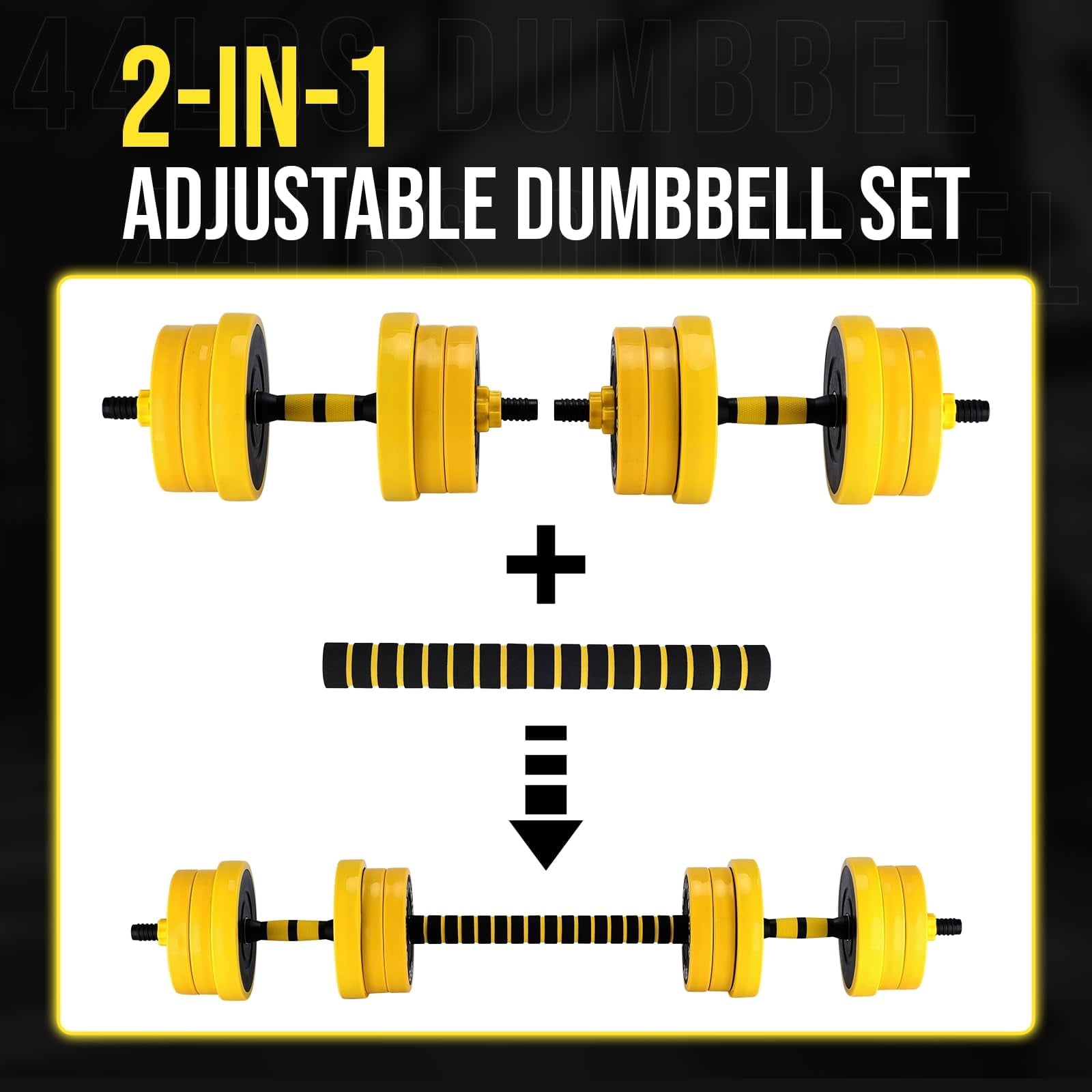 2-IN-1 Adjustable Dumbbell Set for Home Gym, 33 LBS Weight Set for Dumbbell and Barbell, Yellow