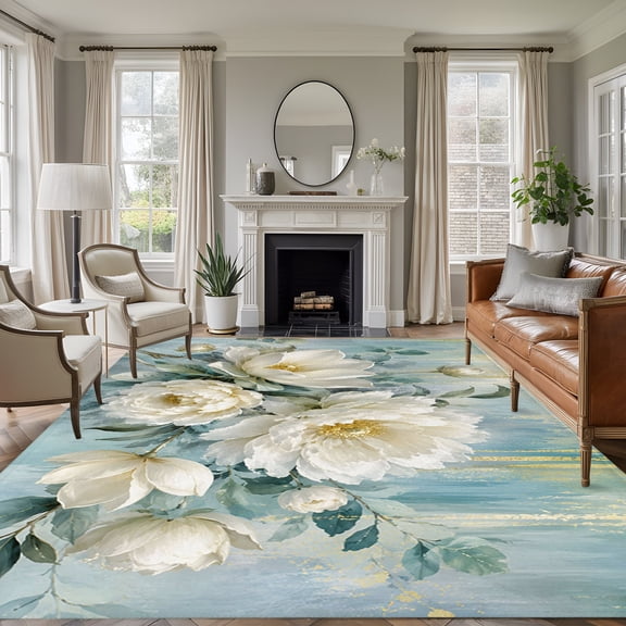 White Floral 8'x10' Area Rug for Living Room, Modern Abstract Blue Teal Flower Leaves Washable Non-Slip Large Carpet for Bedroom Dining Room, Non-Shedding Soft Accent Rug for Kitchen