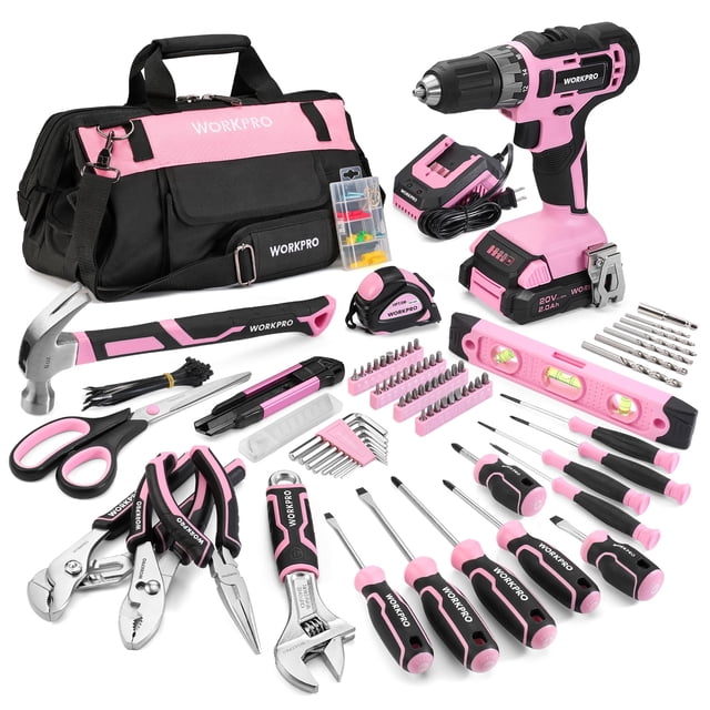 Juego de herramientas WORKPRO Pink 157 piezas con destornillador inalámbrico de 20 V