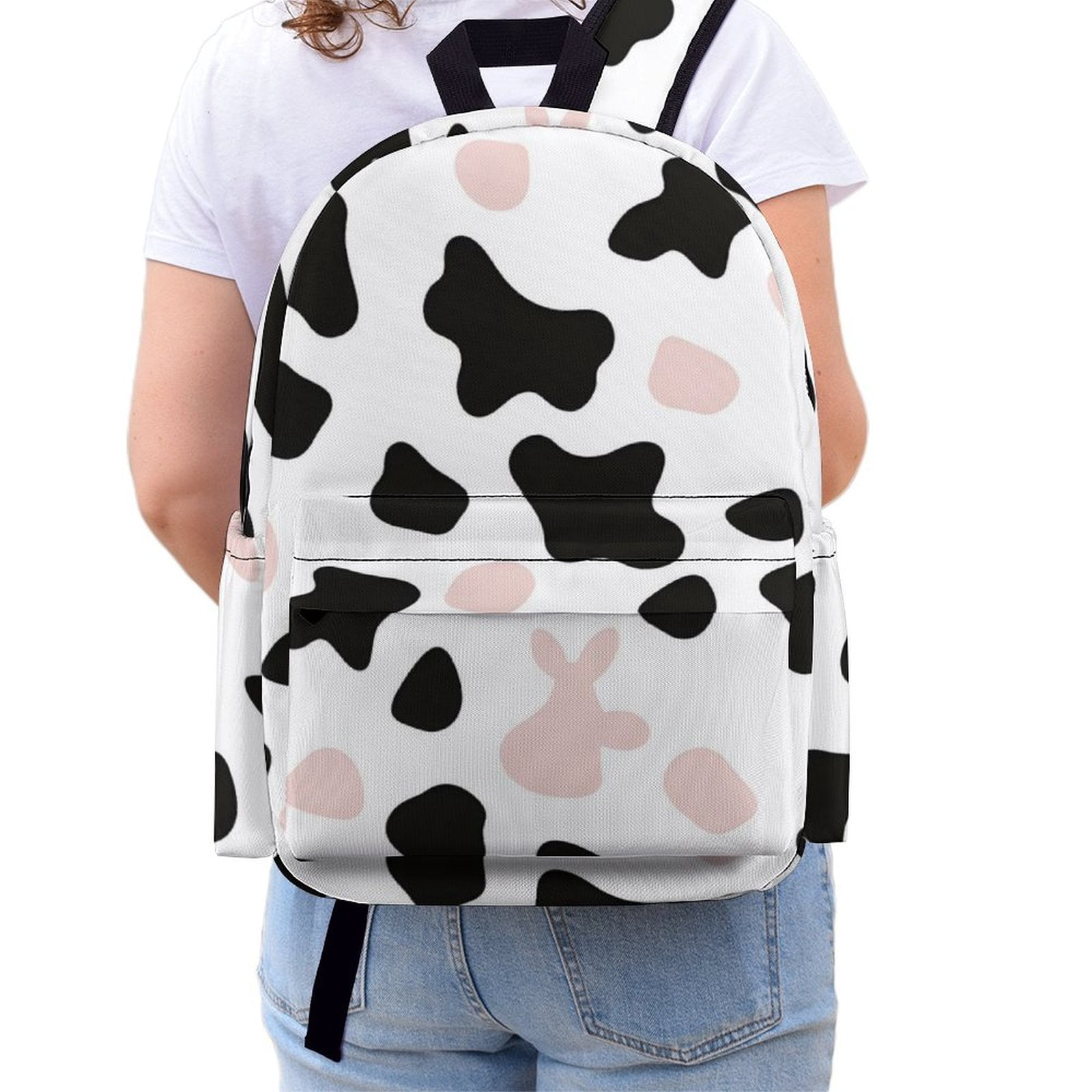 Large Capacity Half Print Backpack 11.8×16.5×5.9in Multifunctional Zipper Design Convenient Switch Simple Cow Print Pattern White Background, Pink And White_3